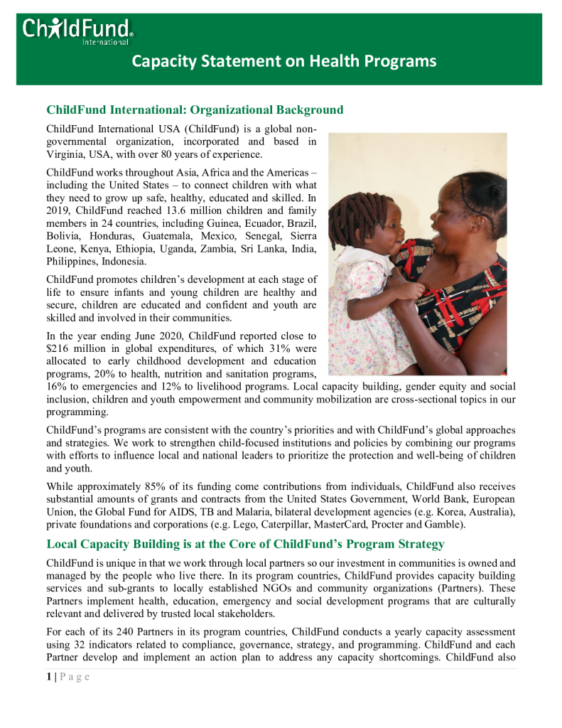 ChildFund Zambia Capacity Statement on Health and Nutrition Programs