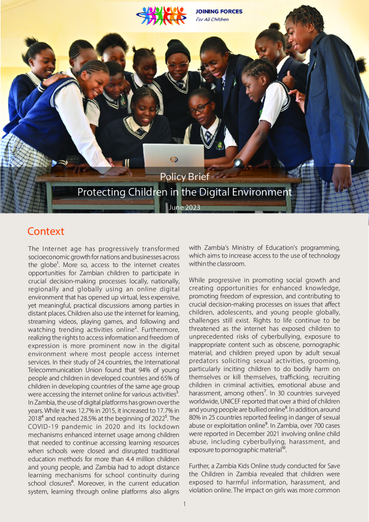 Joining Forces Alliance: Policy Brief on Protecting Children in the Digital Environment