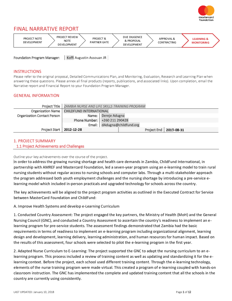 The Zambia Nurse and Life Skills Training Program Narrative Report